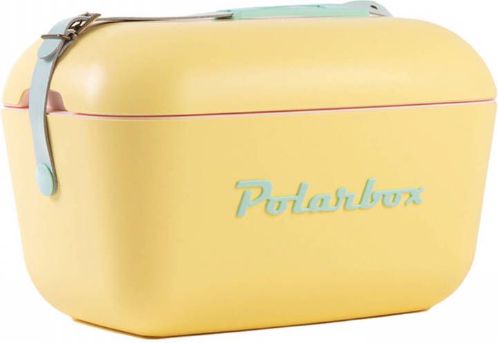 Merkloos Polarbox Retro Koelbox Pop Geel Blauwe Band 12 Liter Inhoud Duurzaam Geproduceerd